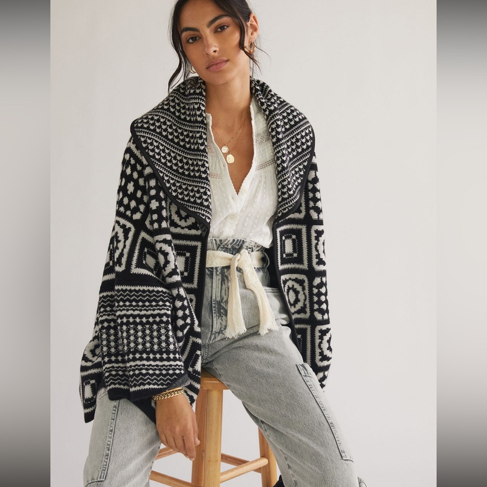 Maeve Anthropologie Maeve Black and White square Patchwork Cardigan